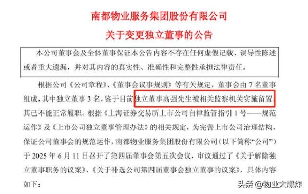 民信配资端 独董被“留置”，南都物业“遇人不淑”